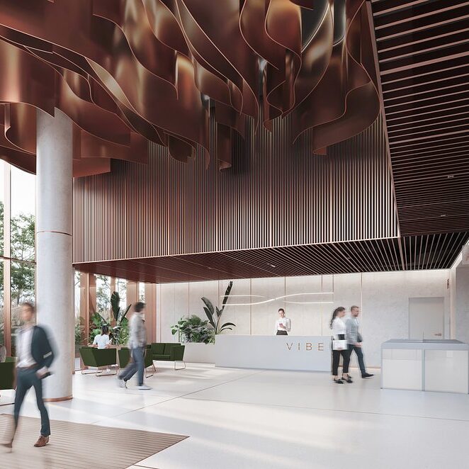 Lobby w biurowcu VIBE, wizualizacja