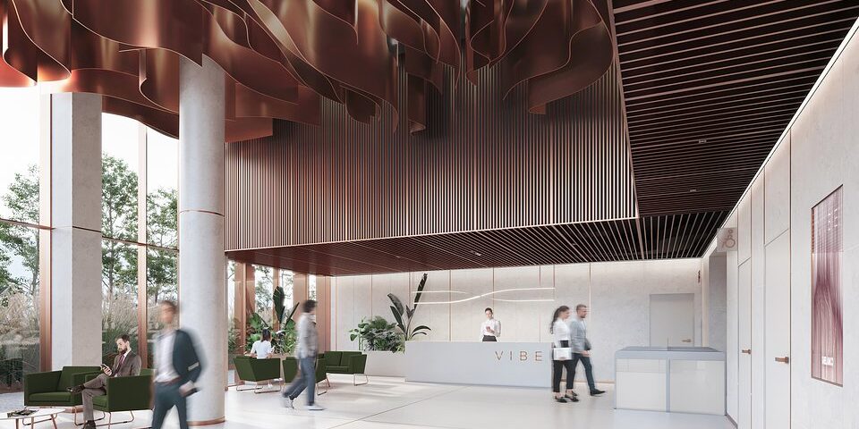Lobby w biurowcu VIBE, wizualizacja
