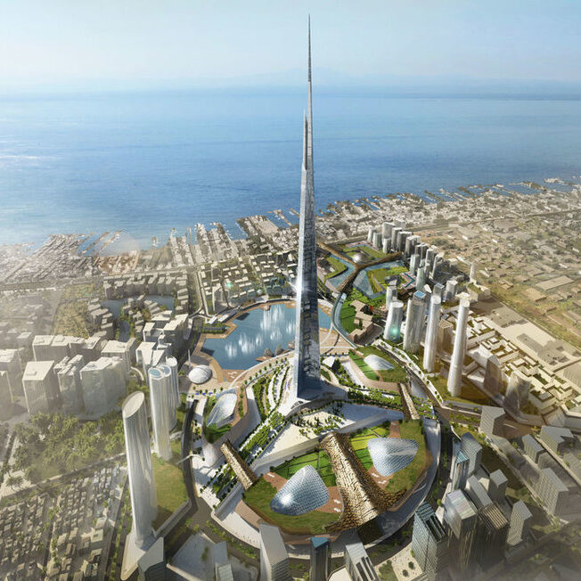 Jeddah Tower. Za niami oficjalna ceremonia wznowienia budowy najwyższego wieżowca na świecie