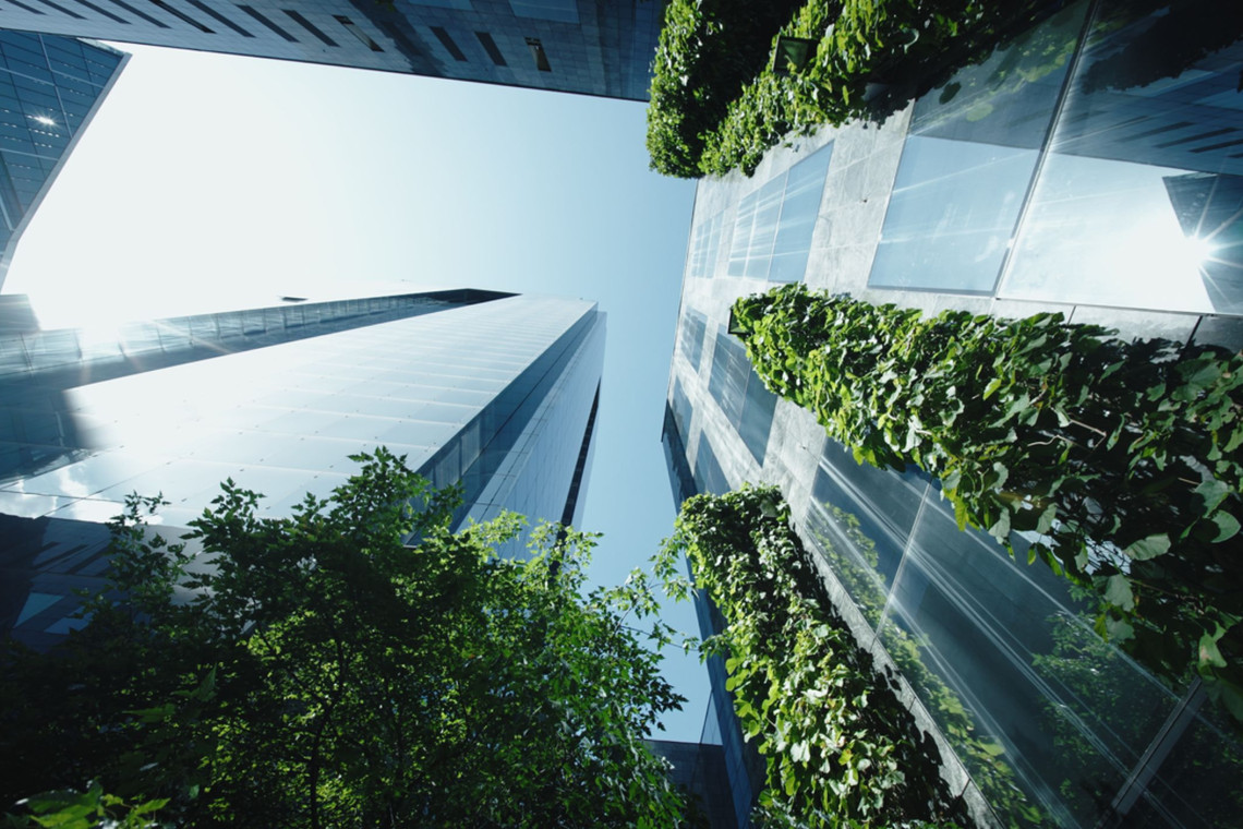 V Tower z zielenią w biurowcu